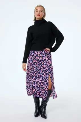 Moisture Wicking Textile Mini length Pink with Blue and Black Shadow Leopard Split Front Skirt