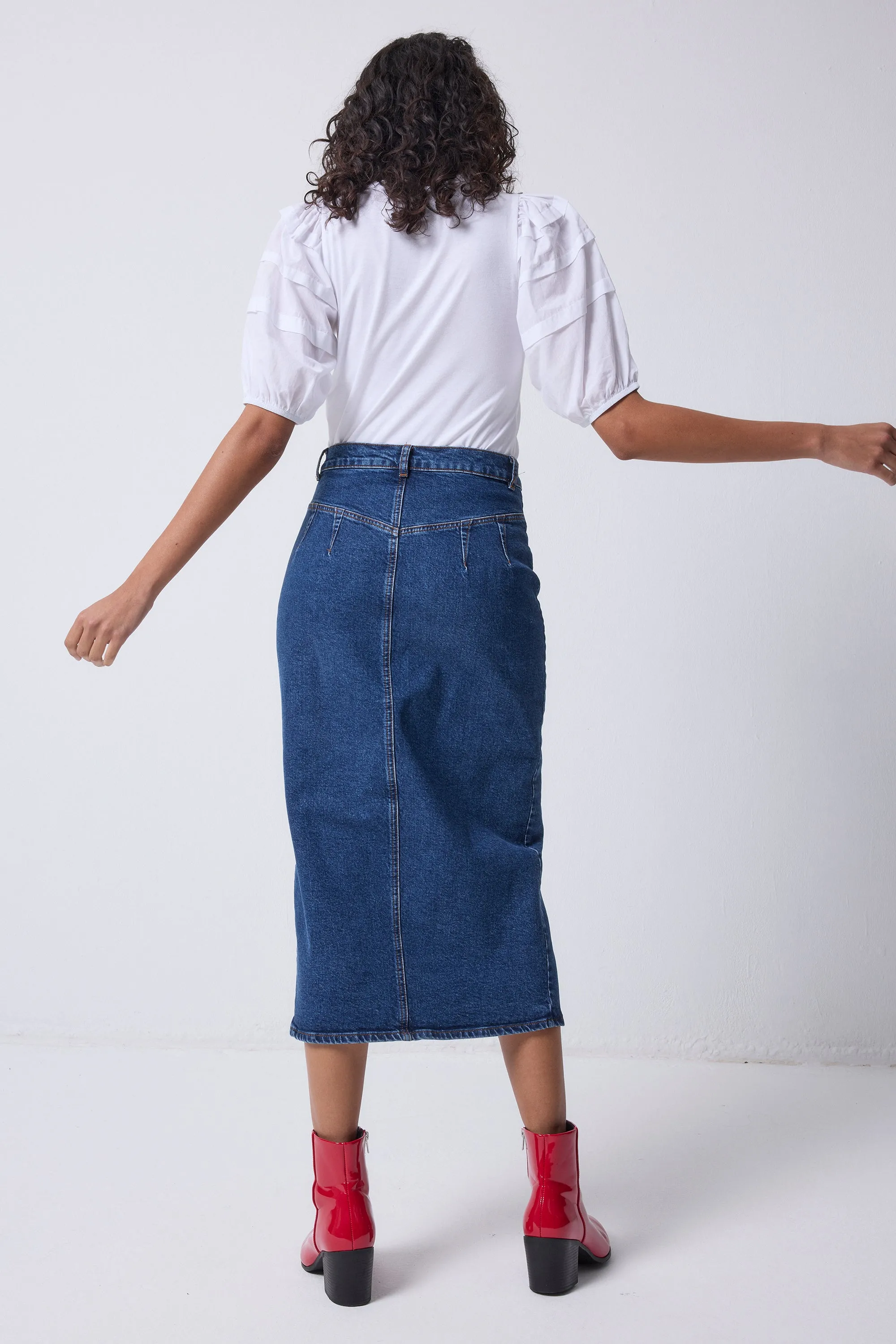 Foldable Design Indigo Denim Split Front Maxi Skirt