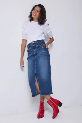 Indigo Denim Split Front Maxi Skirt Embroidered Detail