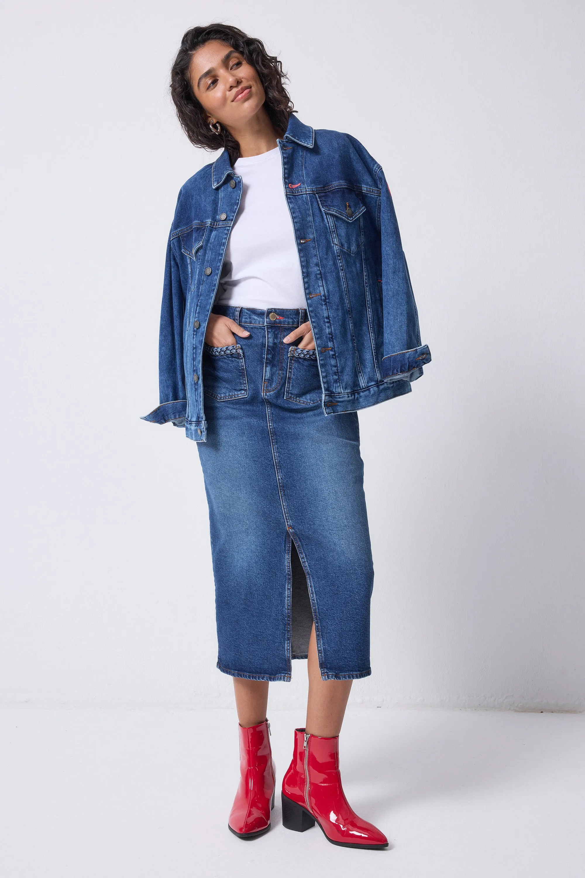 Indigo Denim Split Front Maxi Skirt Sustainable Fabric