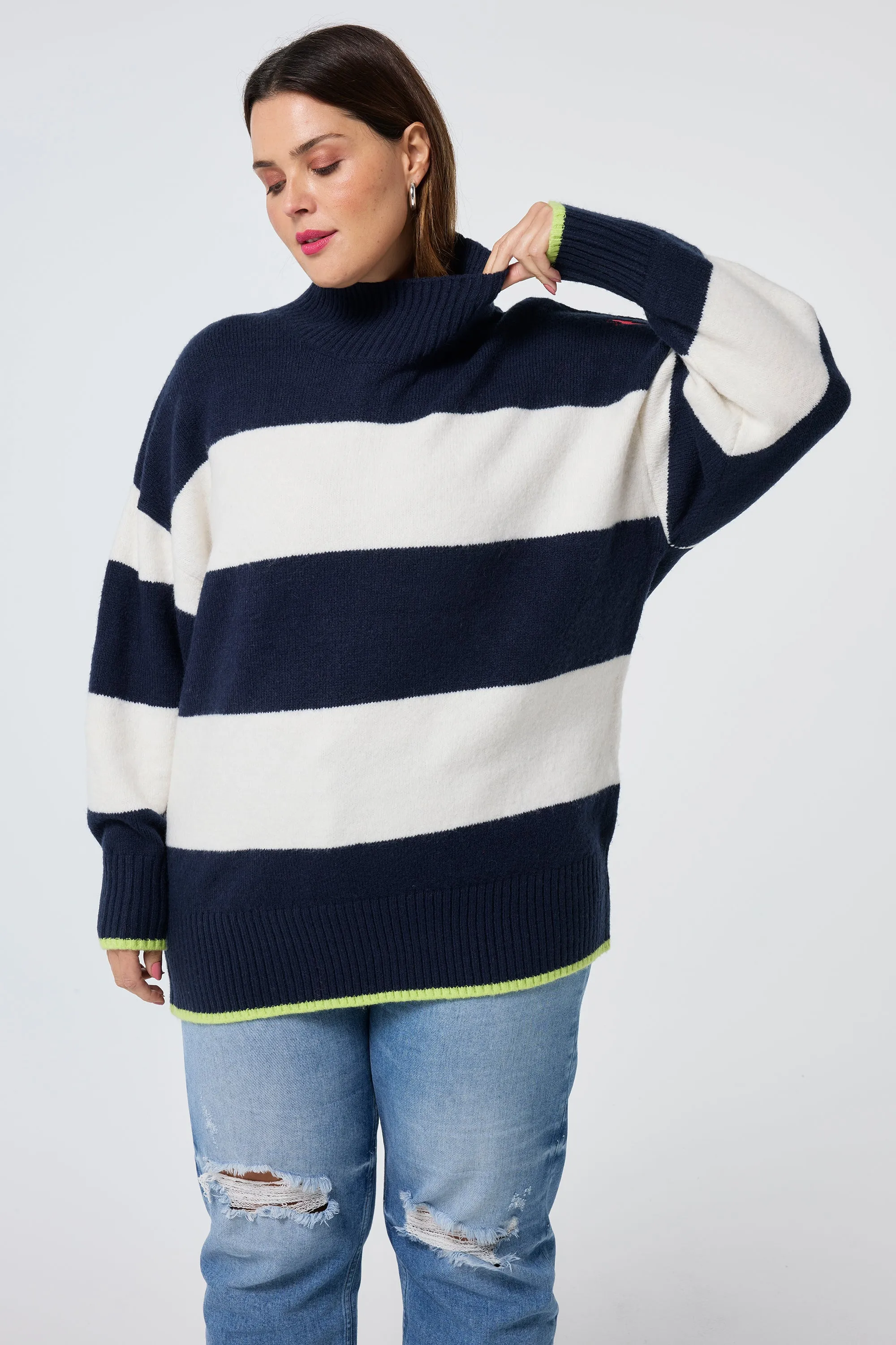 Relaxed Crew Neck Flatlock Seam Construction Navy with Ivory Stripe Oversized Turtleneck Jumper