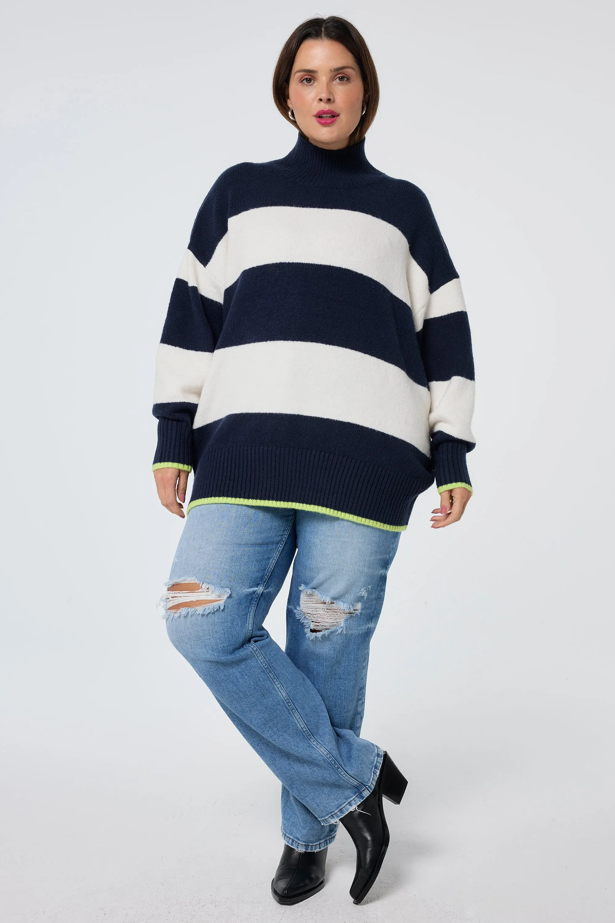 Navy with Ivory Stripe Oversized Turtleneck Jumper Pure Detail