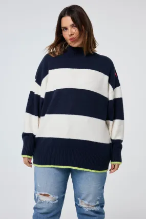 Easy Care Material Clean Cut Navy with Ivory Stripe Oversized Turtleneck Jumper