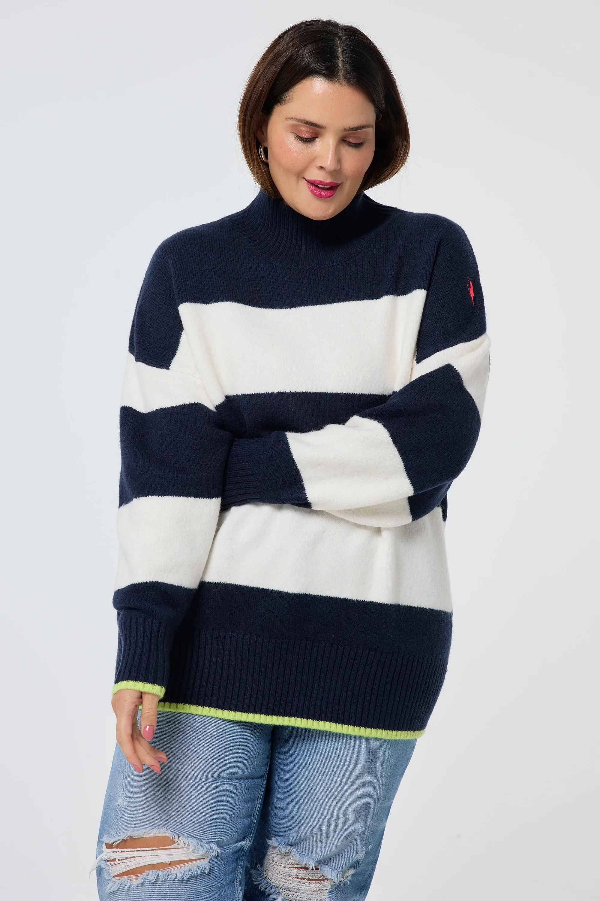 Quick Dry Knitwear Navy with Ivory Stripe Oversized Turtleneck Jumper