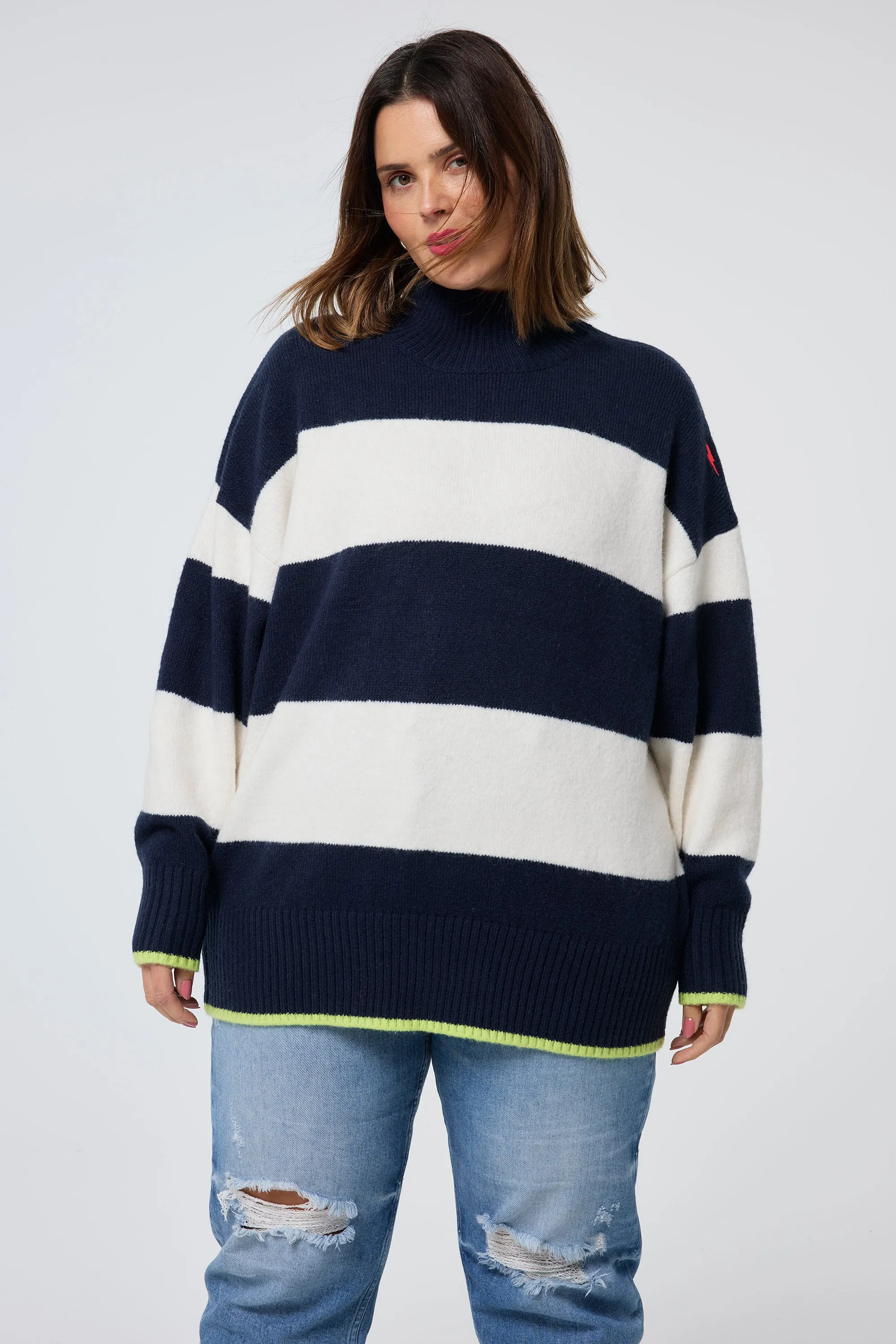 Easy Care Material Clean Cut Navy with Ivory Stripe Oversized Turtleneck Jumper