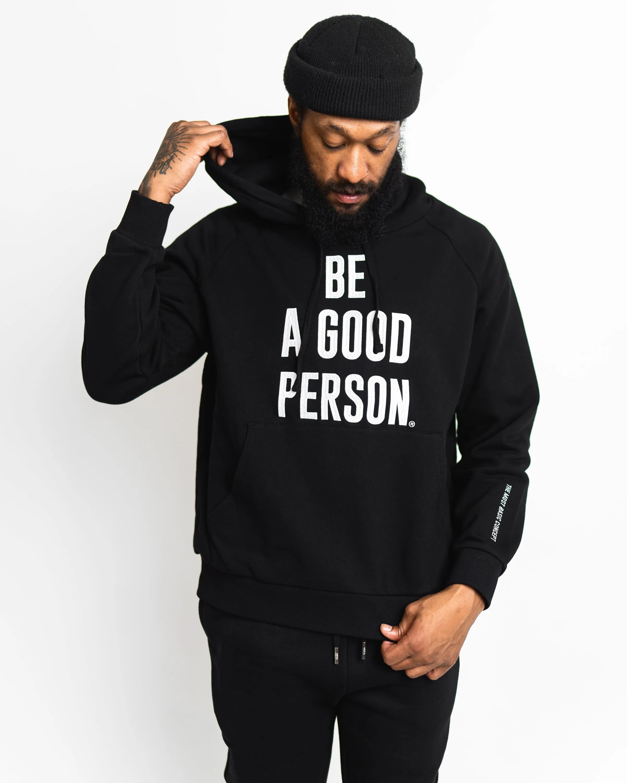 Poly Cotton Blend Signature Embroidered Hoodie - Black