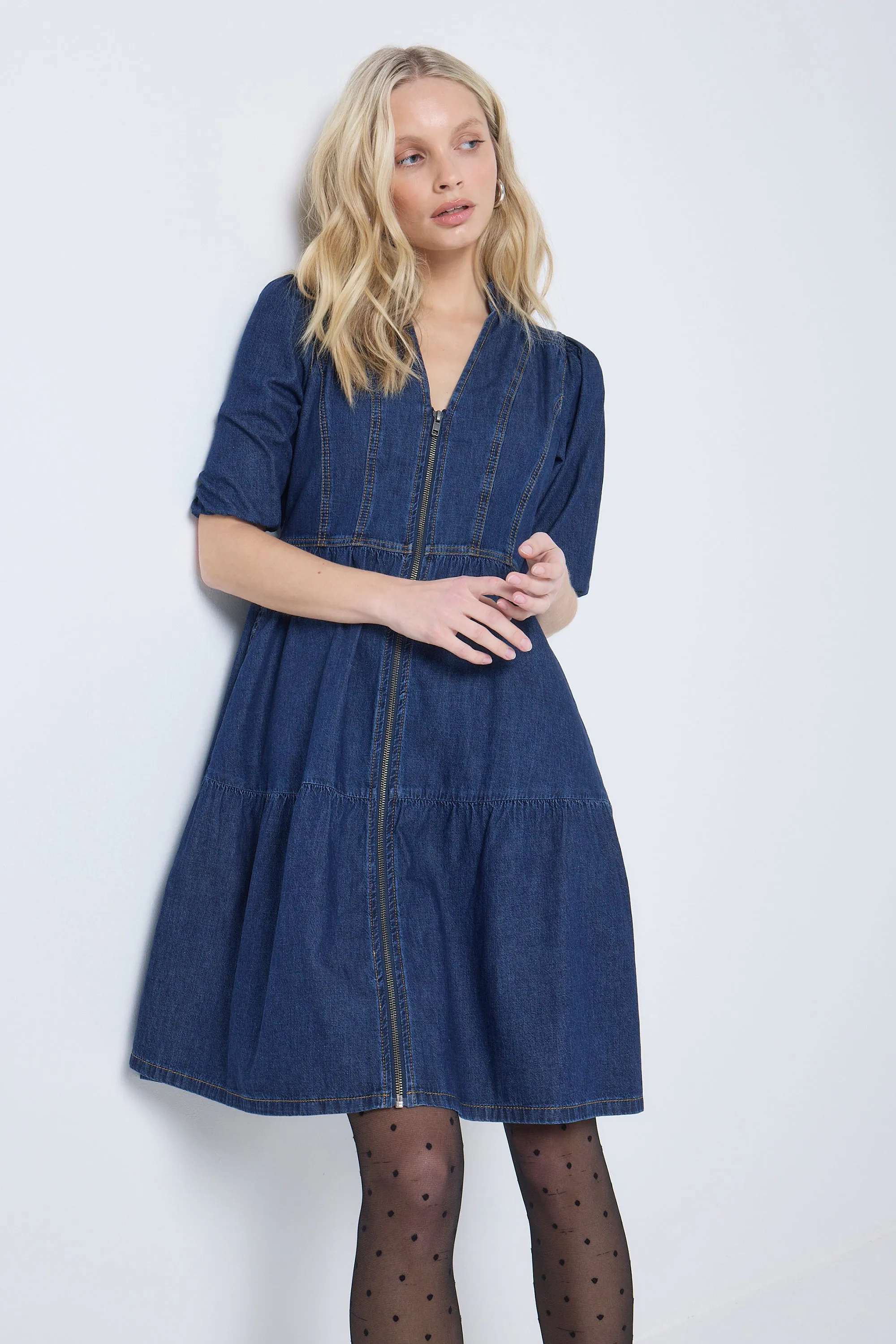 Timeless slip dress Authentic Indigo Zip Detail Tiered Short Denim Dress
