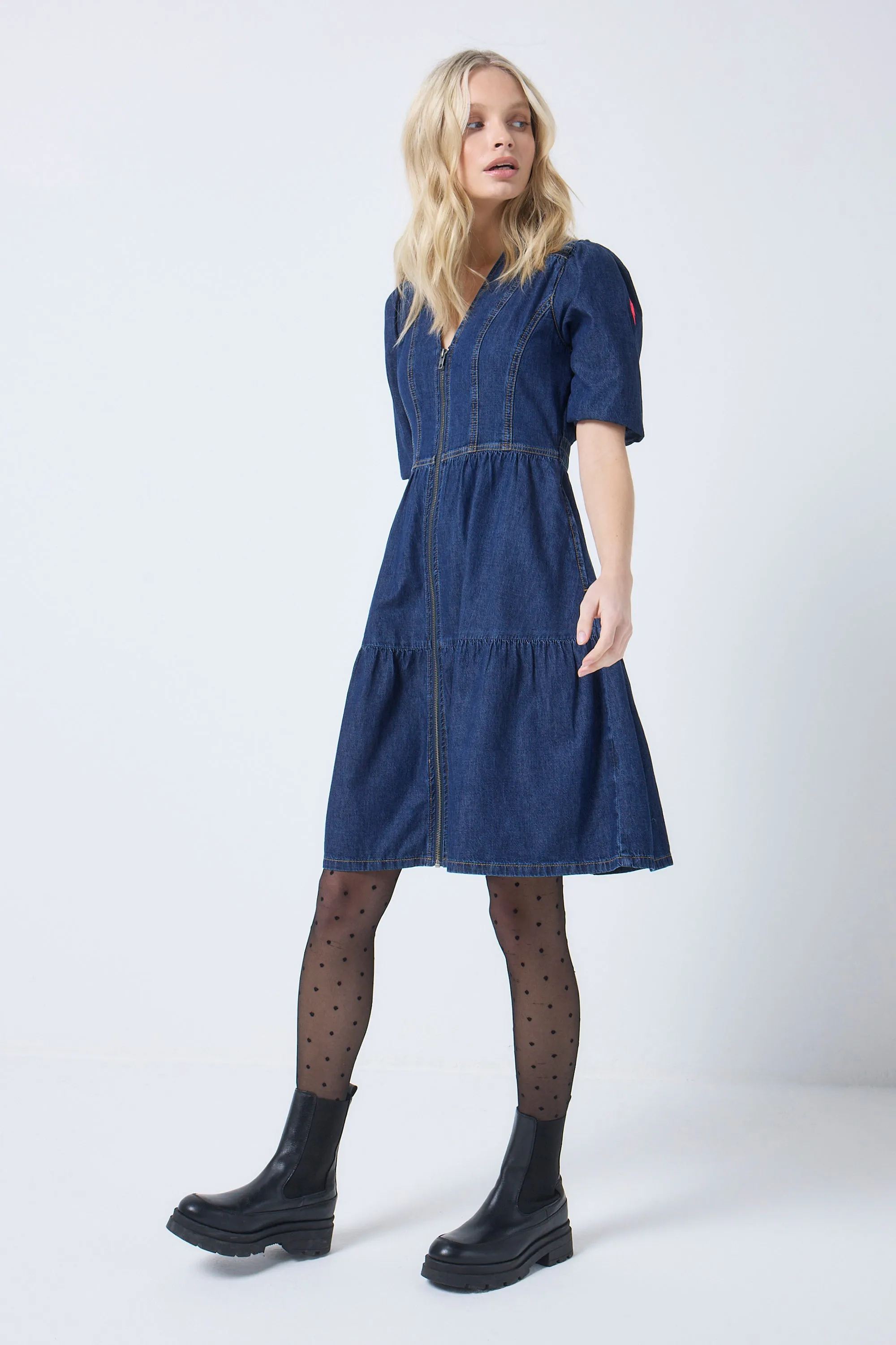 Authentic Indigo Zip Detail Tiered Short Denim Dress Fresh Style