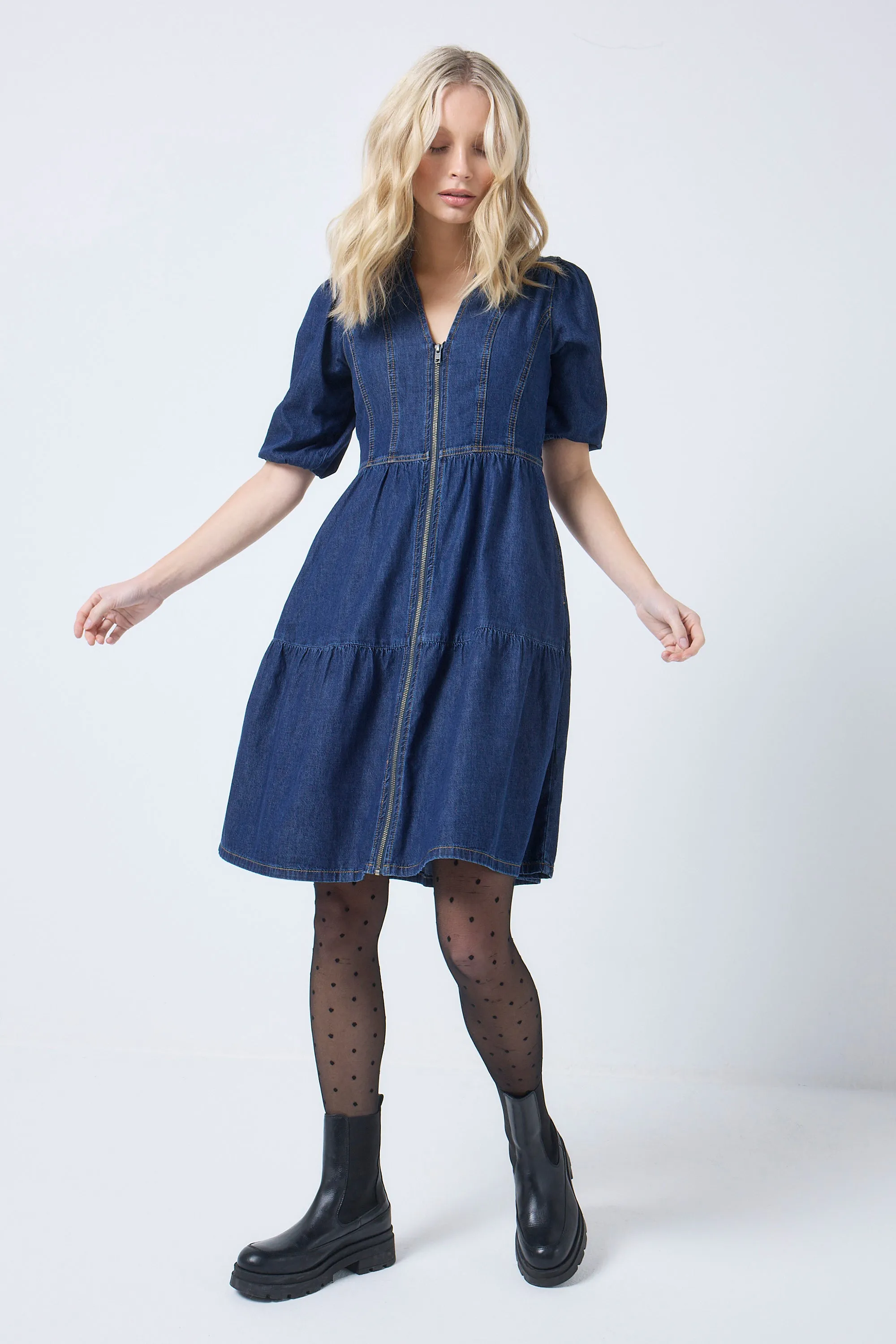 Authentic Indigo Zip Detail Tiered Short Denim Dress All-Occasion Wear