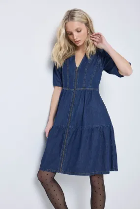 Warranty-Included Authentic Indigo Zip Detail Tiered Short Denim Dress