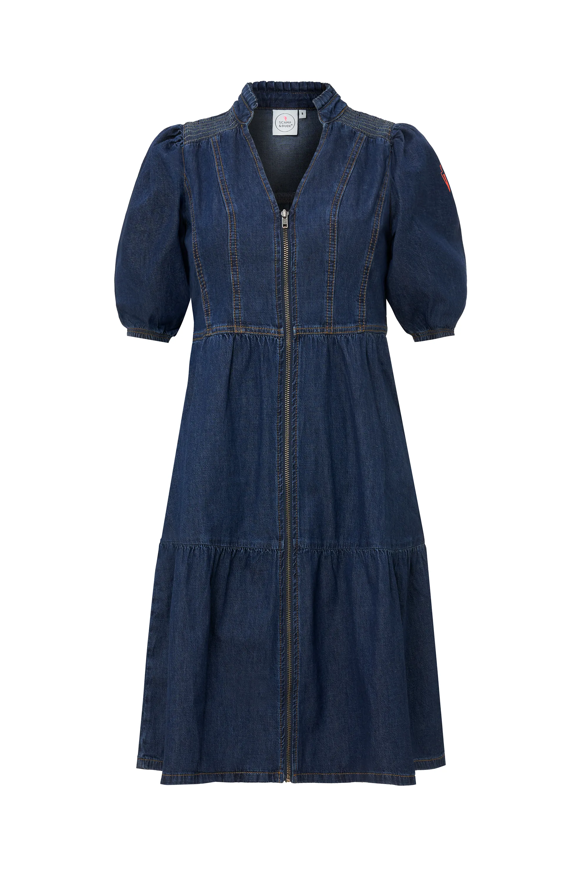 Authentic Indigo Zip Detail Tiered Short Denim Dress Sleek Layer
