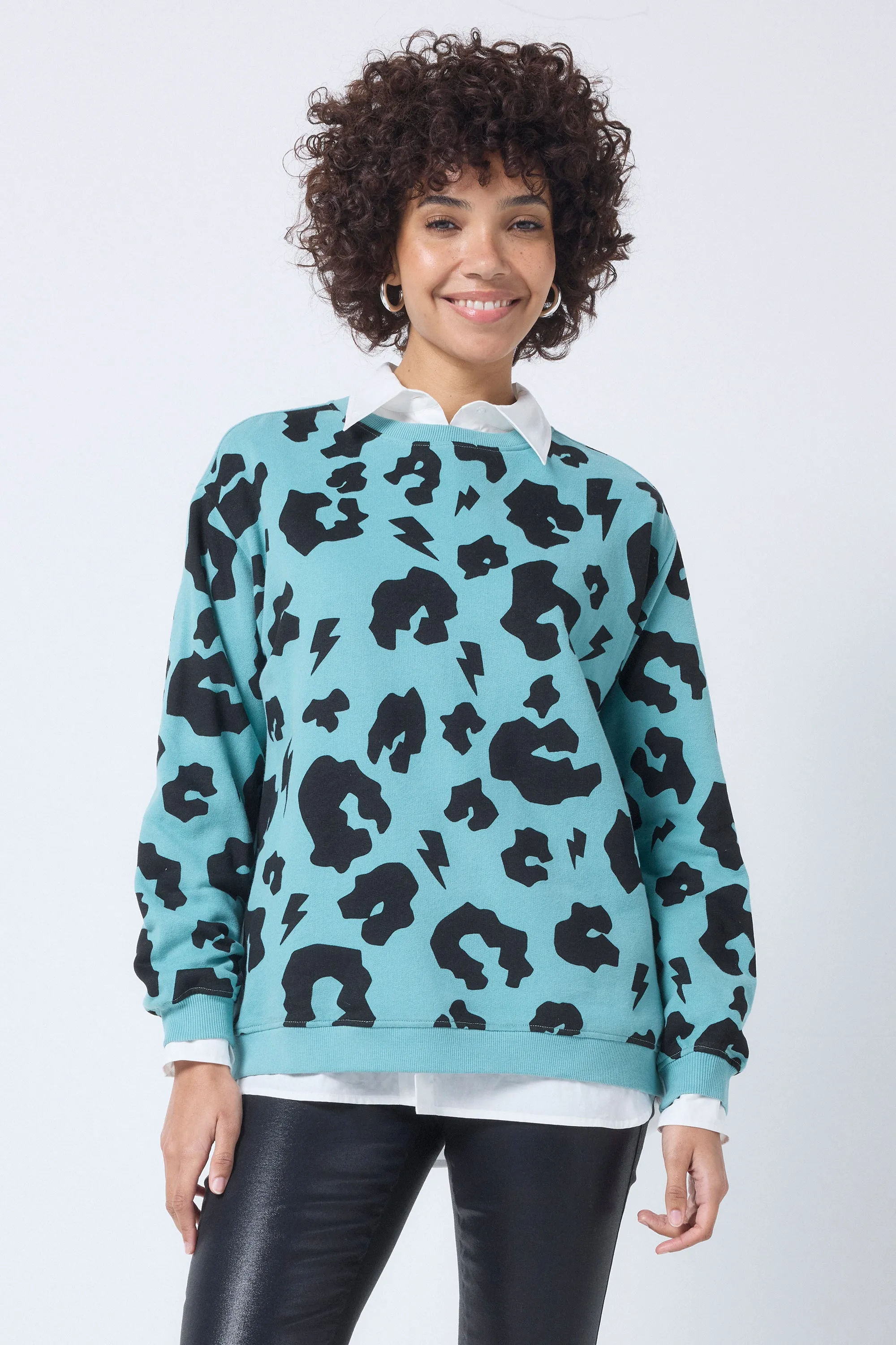 twill Khaki with Black Leopard Oversized Sweatshirt