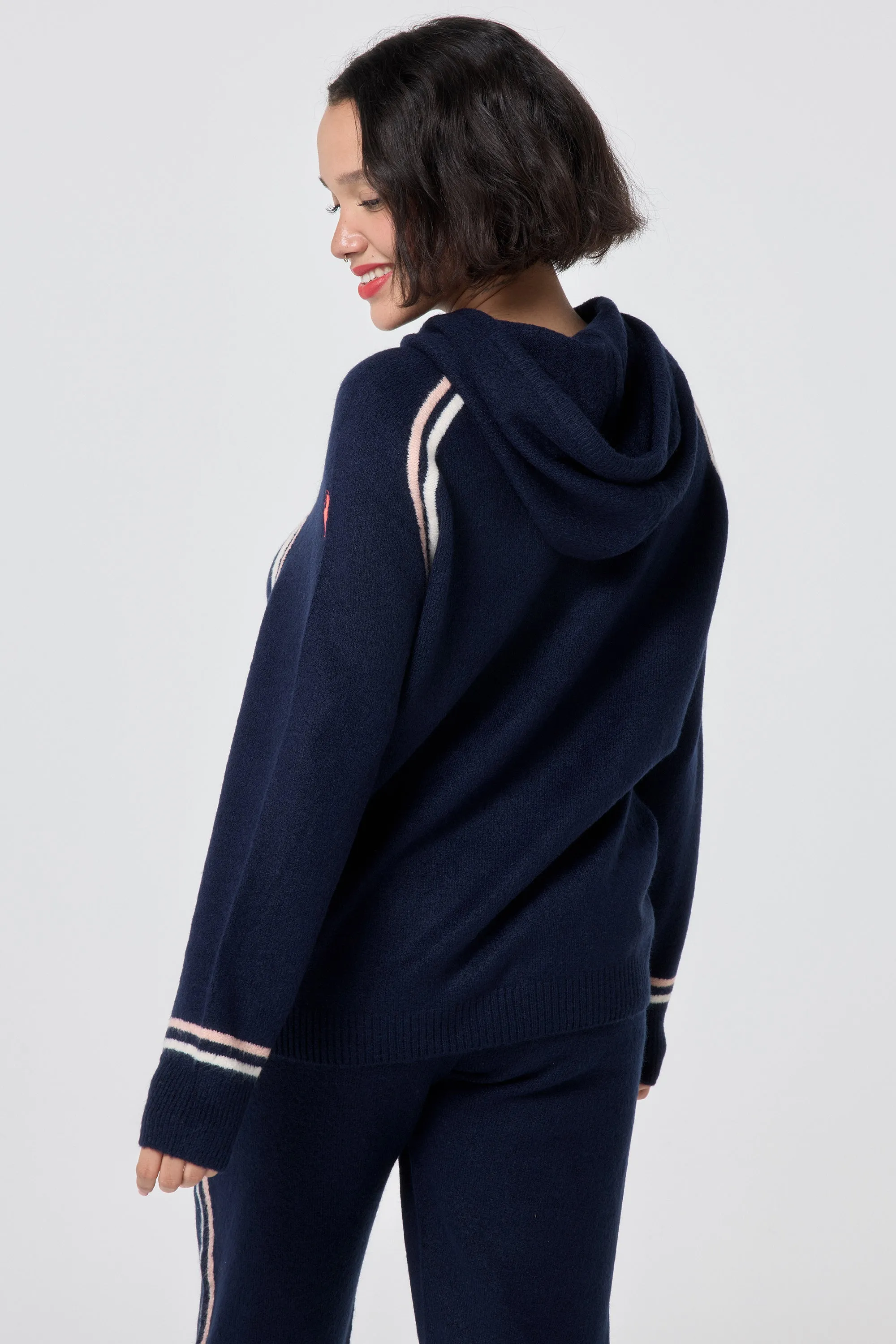 Navy with Ivory and Peach Stripe Knitted Lounge Wear Hoodie Touch Of Soft
