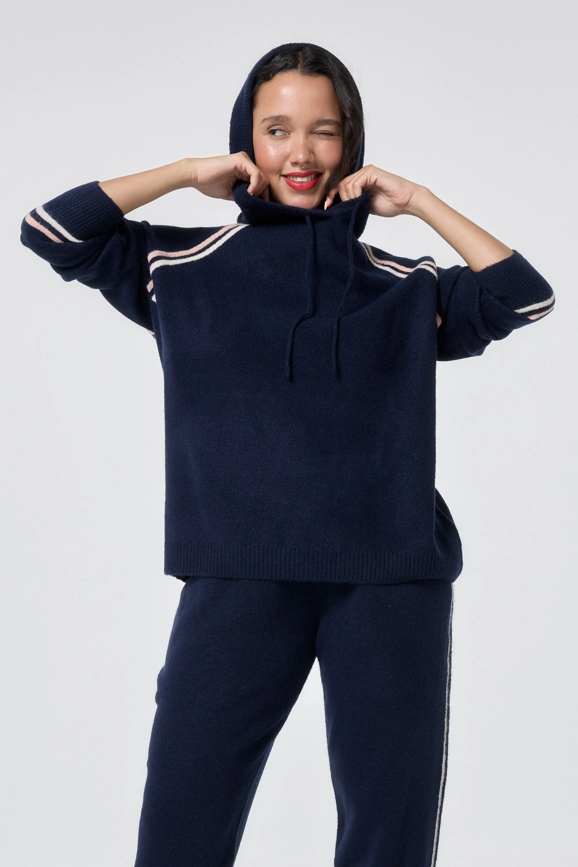 Circular Knit Design Navy with Ivory and Peach Stripe Knitted Lounge Wear Hoodie