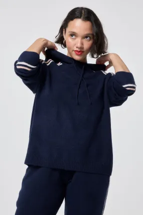 Navy with Ivory and Peach Stripe Knitted Lounge Wear Hoodie Ultra Soft
