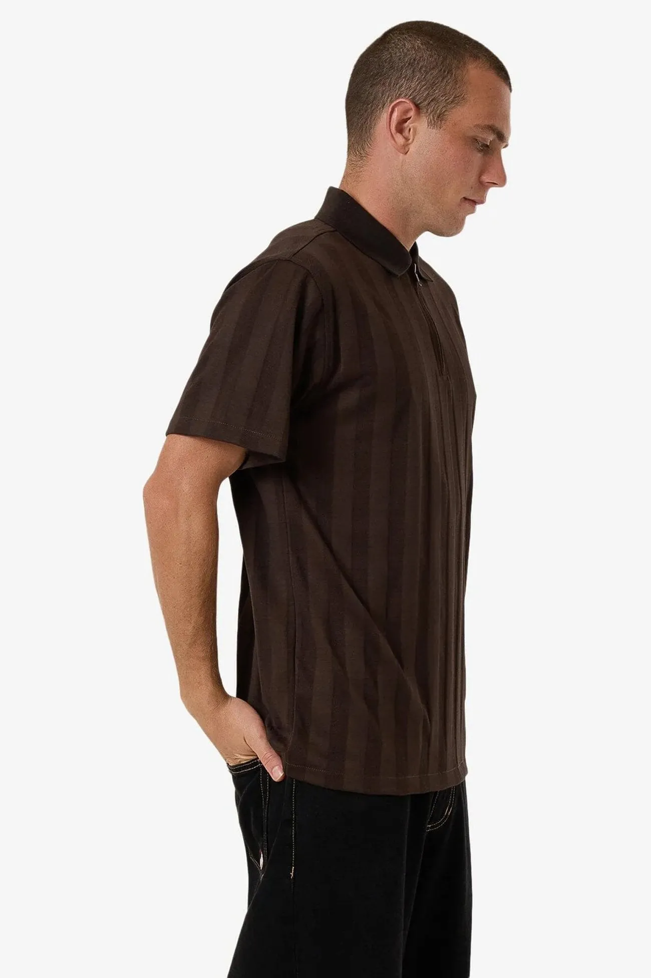 AntiPill Surface High Collar Design Arts & Industrial Quarter Zip Polo Postal Brown