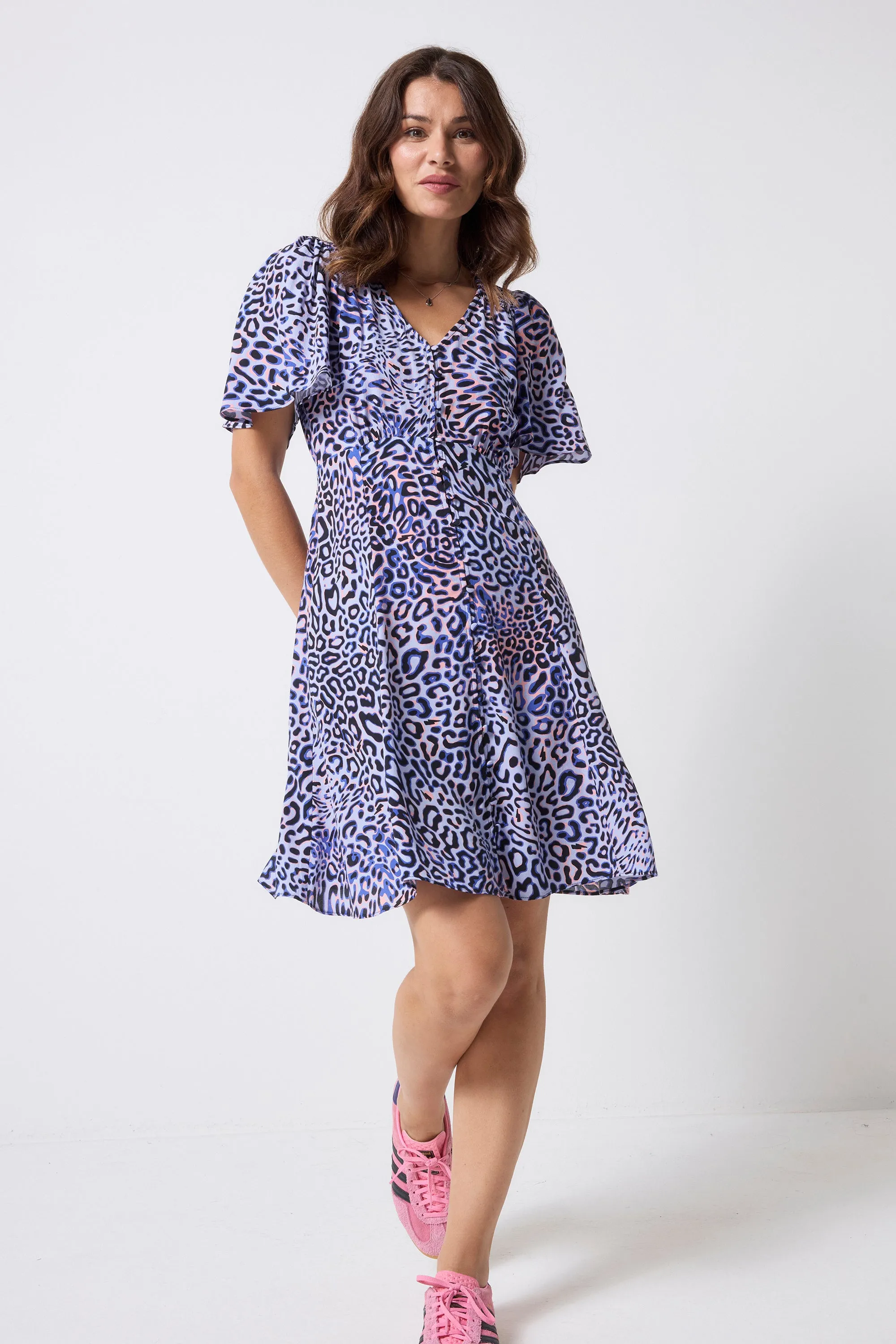 Lilac with Black and Pink Leopard Ray Angel Sleeve Short Tea Dress Effortless Tailoring