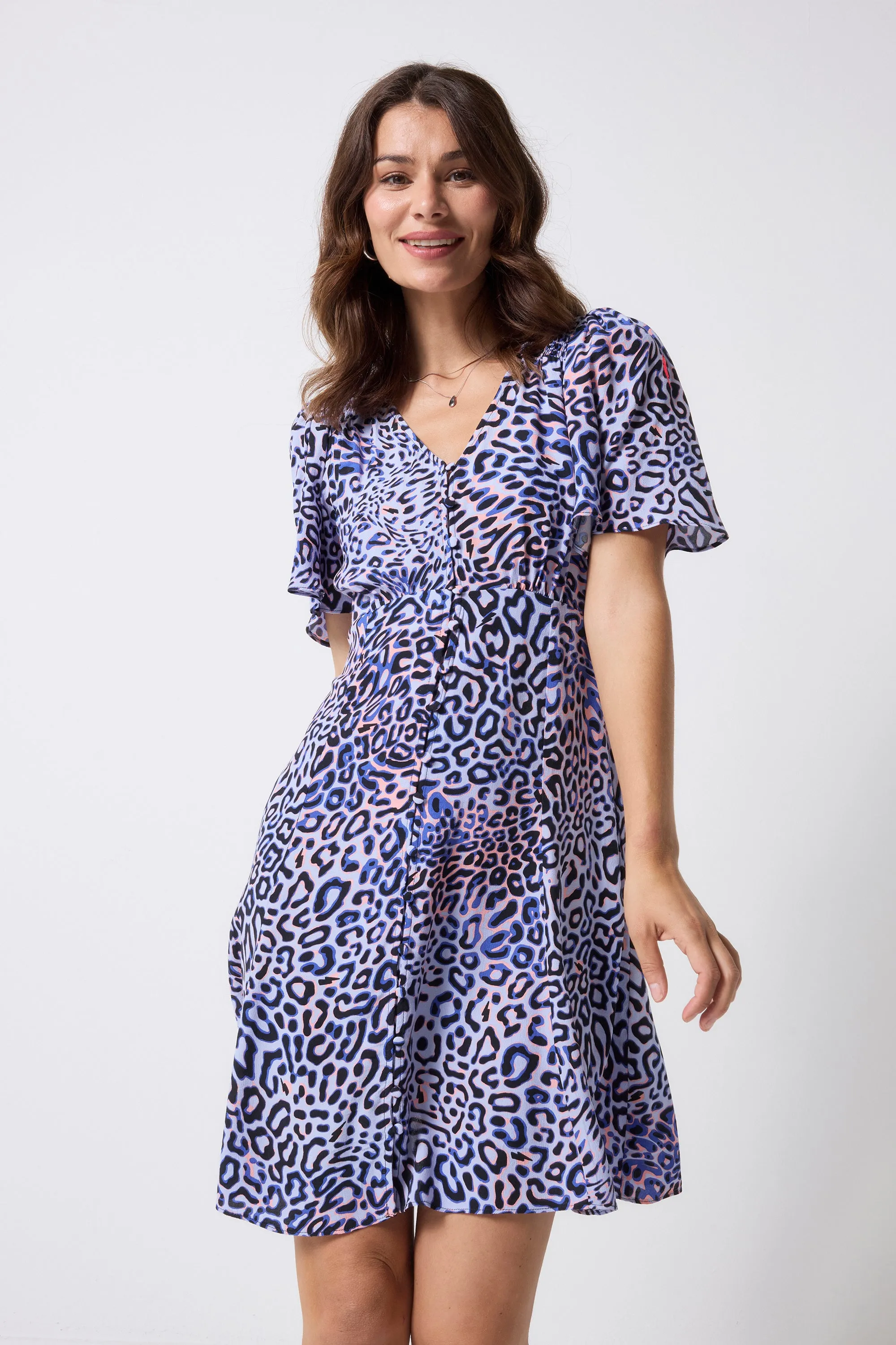 Lilac with Black and Pink Leopard Ray Angel Sleeve Short Tea Dress Fitted Design