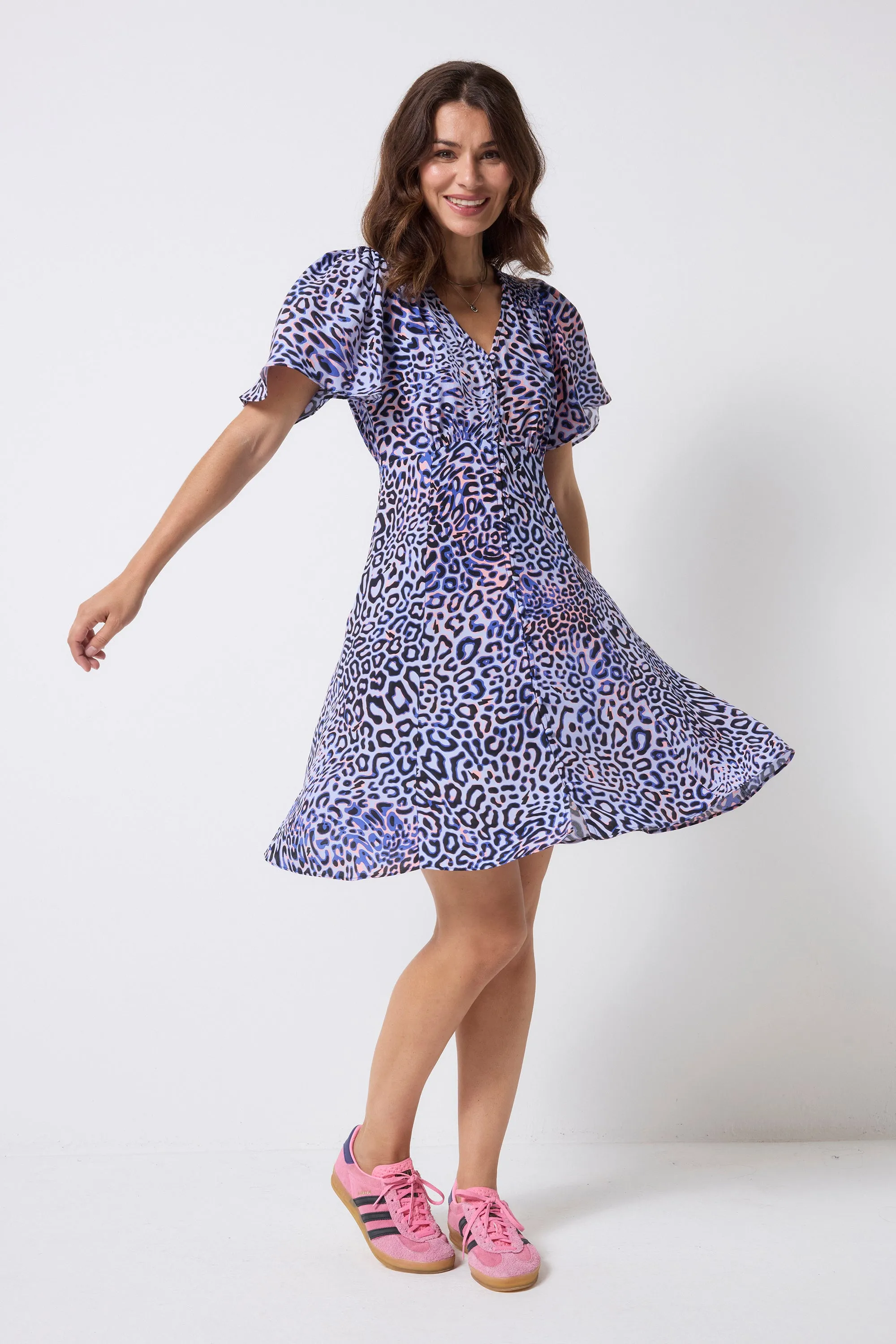 Lilac with Black and Pink Leopard Ray Angel Sleeve Short Tea Dress Travel Light
