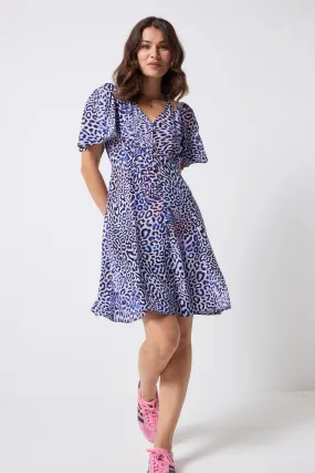 Lilac with Black and Pink Leopard Ray Angel Sleeve Short Tea Dress Effortless Tailoring