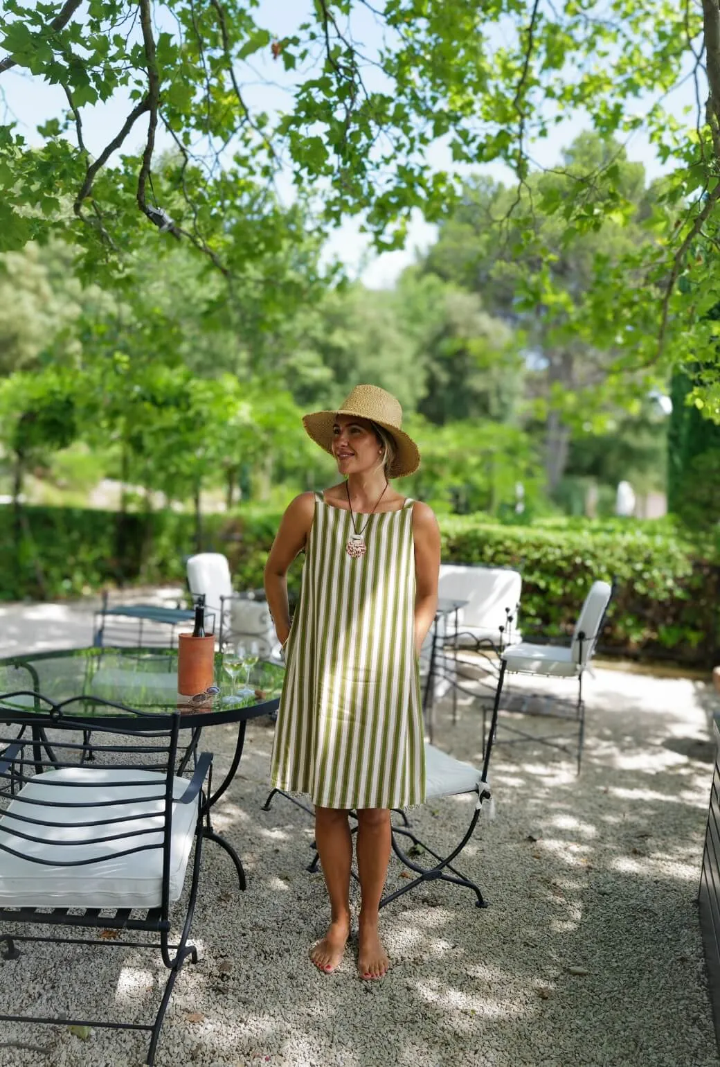Buru x Megan Stokes The Megan MINI Dress - Green & Brown Stripe Soft Pleats