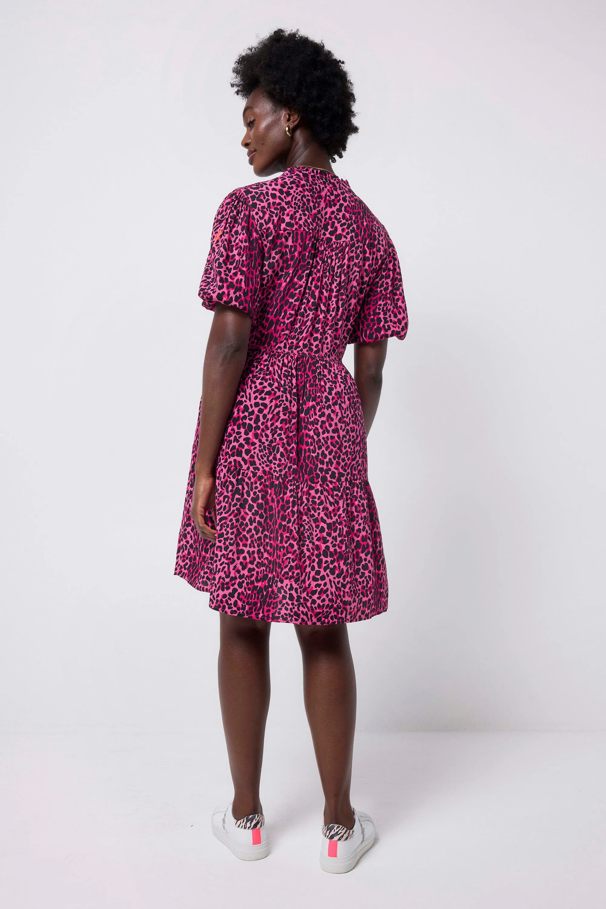 Pink with Black Wild Leopard Zip Detail Tiered Short Dress London Edge Calm Energy