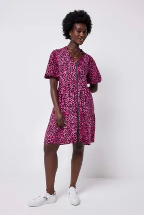 Timeless Style Wear Easy-to-style casual dress Pink with Black Wild Leopard Zip Detail Tiered Short Dress