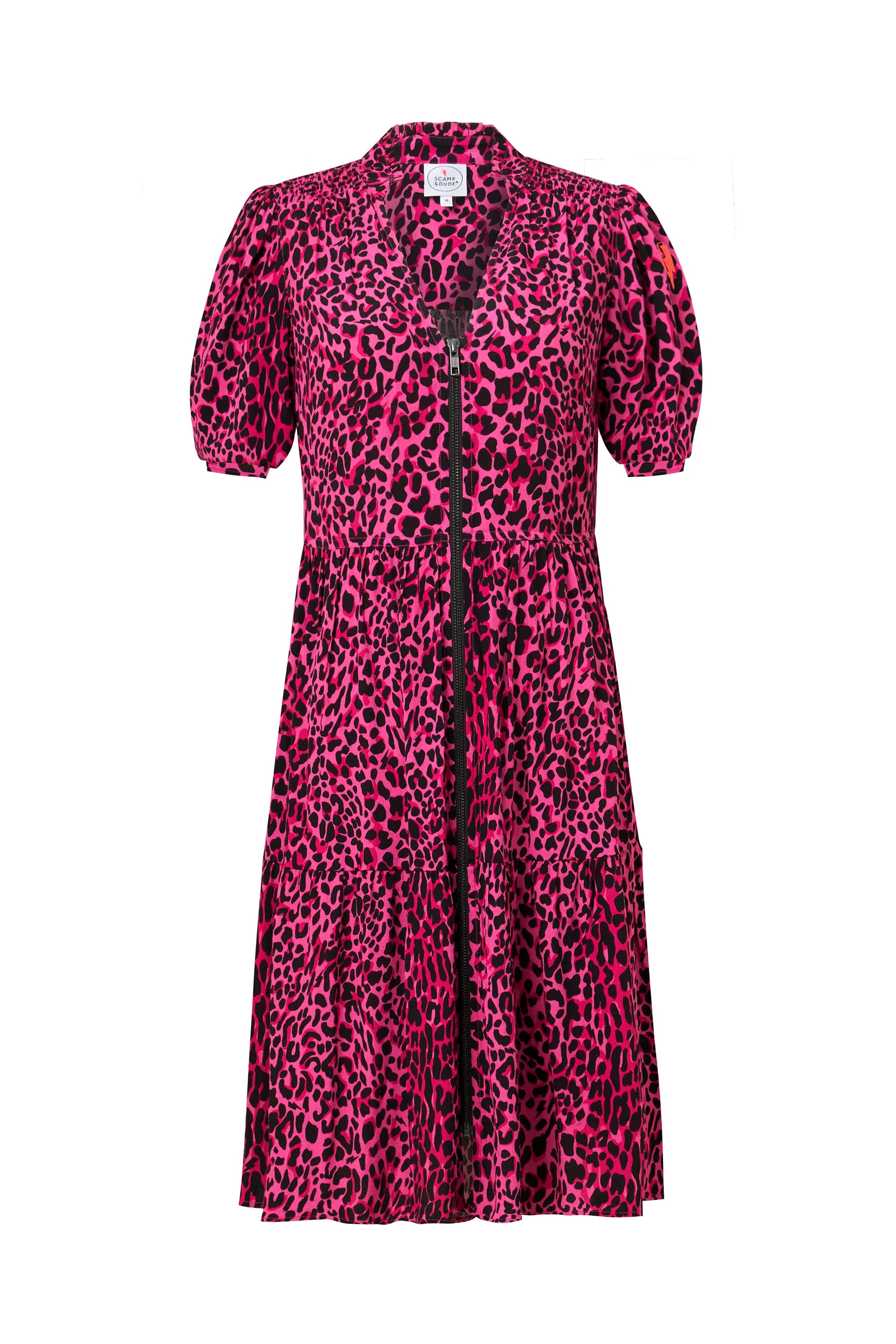 Blue Sky Classic Look Pink with Black Wild Leopard Zip Detail Tiered Short Dress