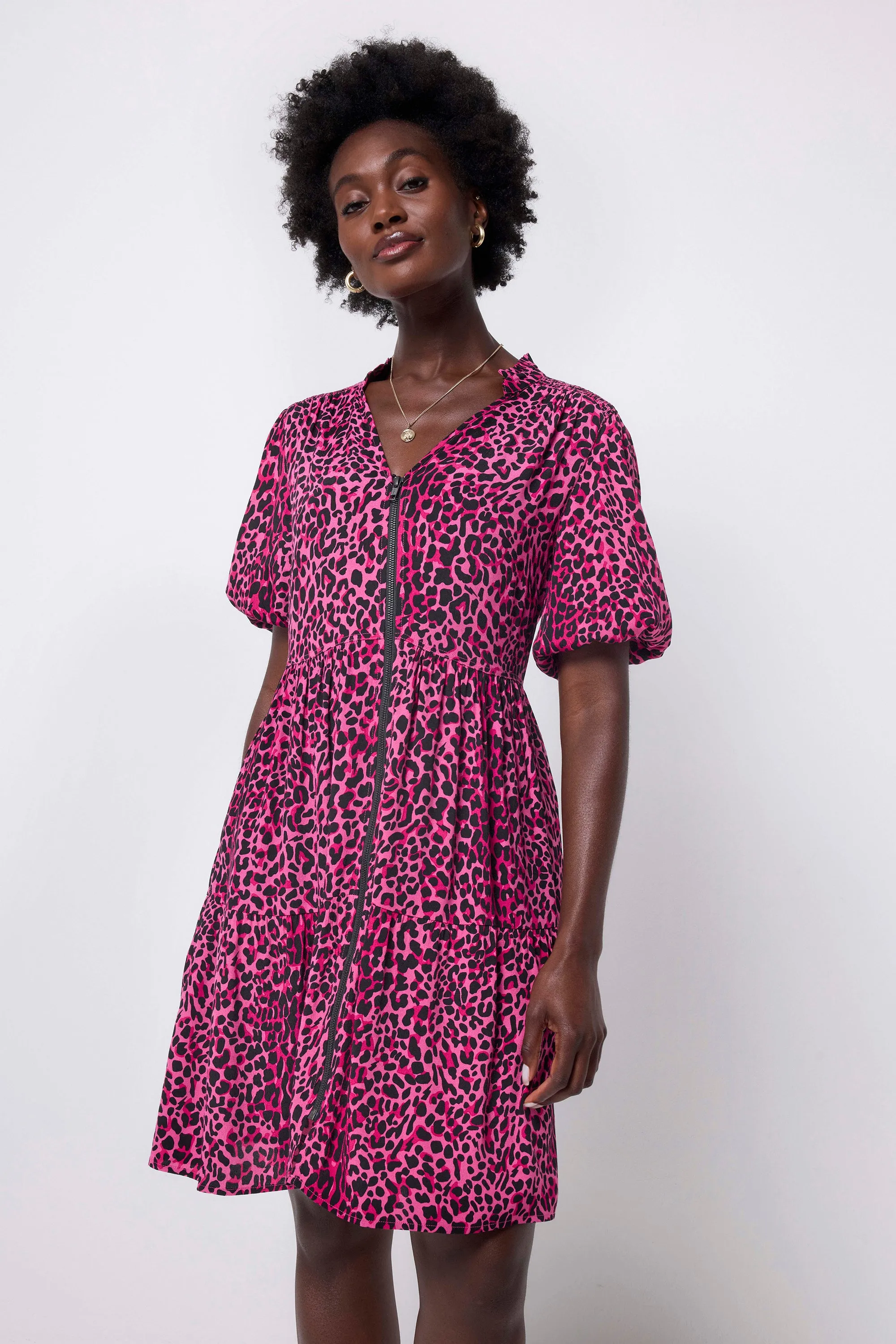Bless Touch Pink with Black Wild Leopard Zip Detail Tiered Short Dress