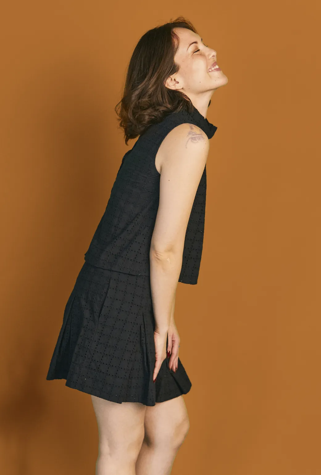 Smocked MINI Skirt - Black Eyelet WrinkleFreeFabric Sporty Comfort Wear