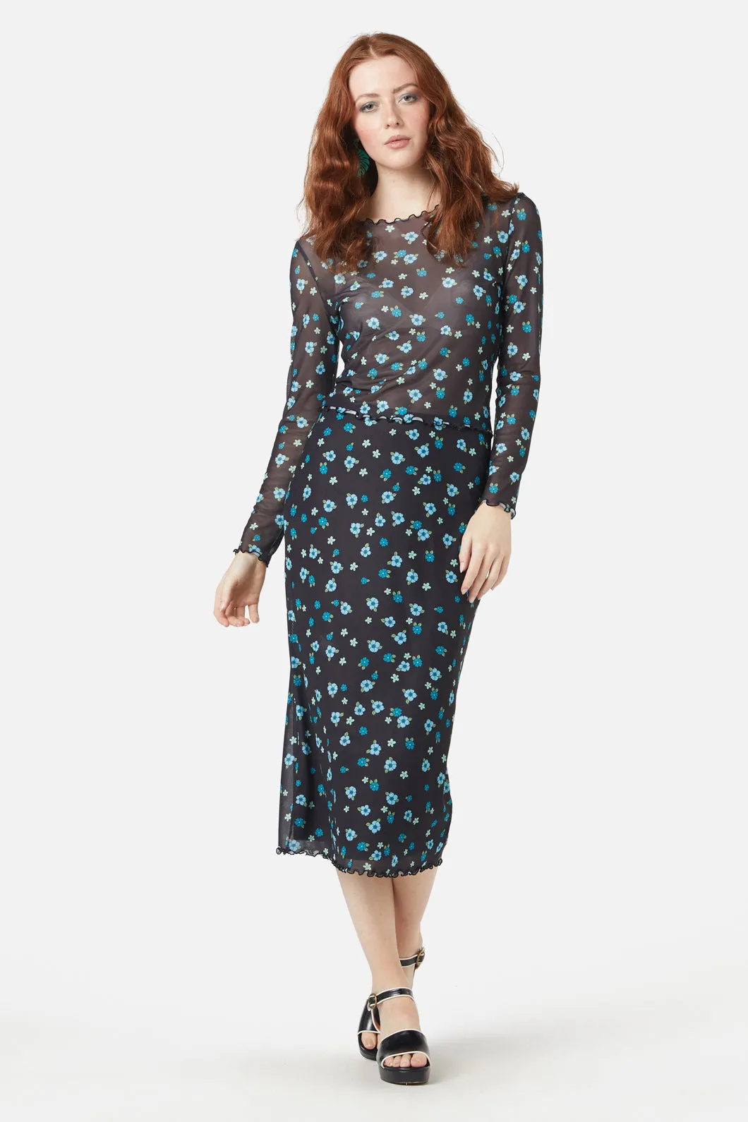 DurableConstruction Denim finish Petal Mesh Skirt