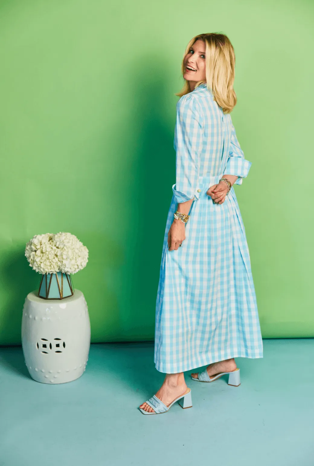 Long Sleeve Shirtdress - Aqua Gingham Tailored Elegance Classic sheath dress