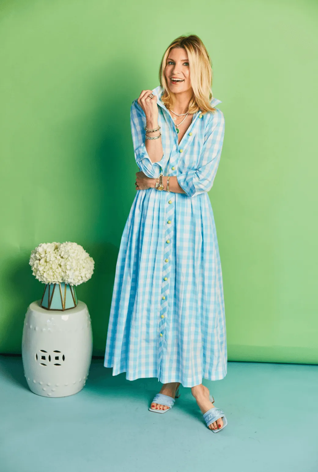 Long Sleeve Shirtdress - Aqua Gingham High-waist Flowy summer gown