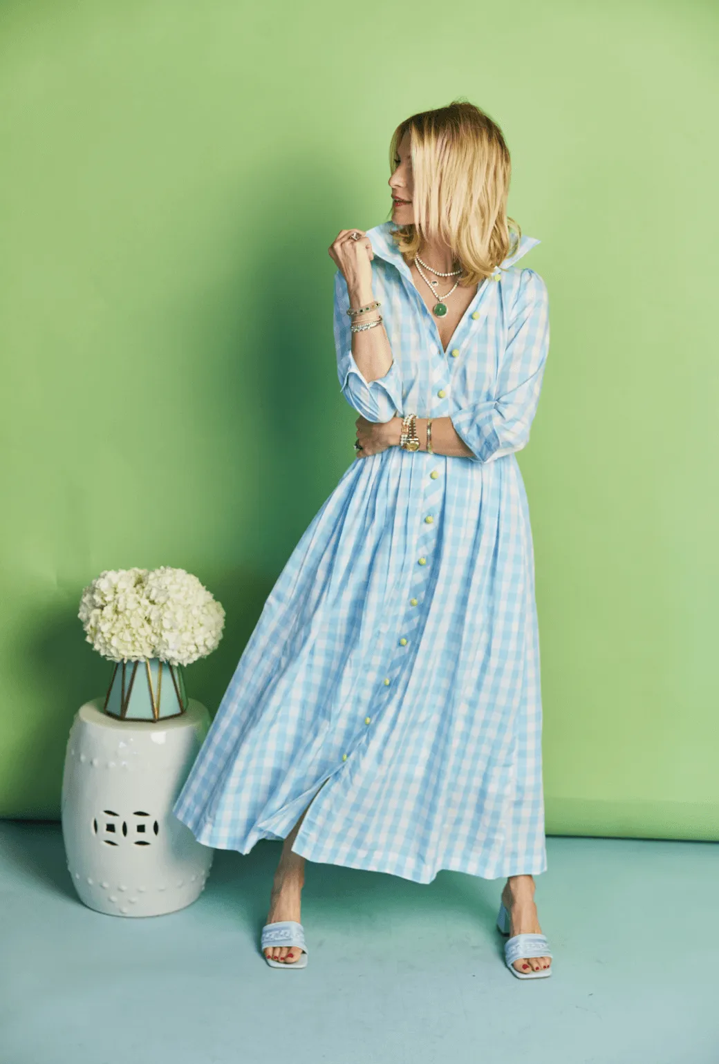 Contemporary Wear Long Sleeve Shirtdress - Aqua Gingham