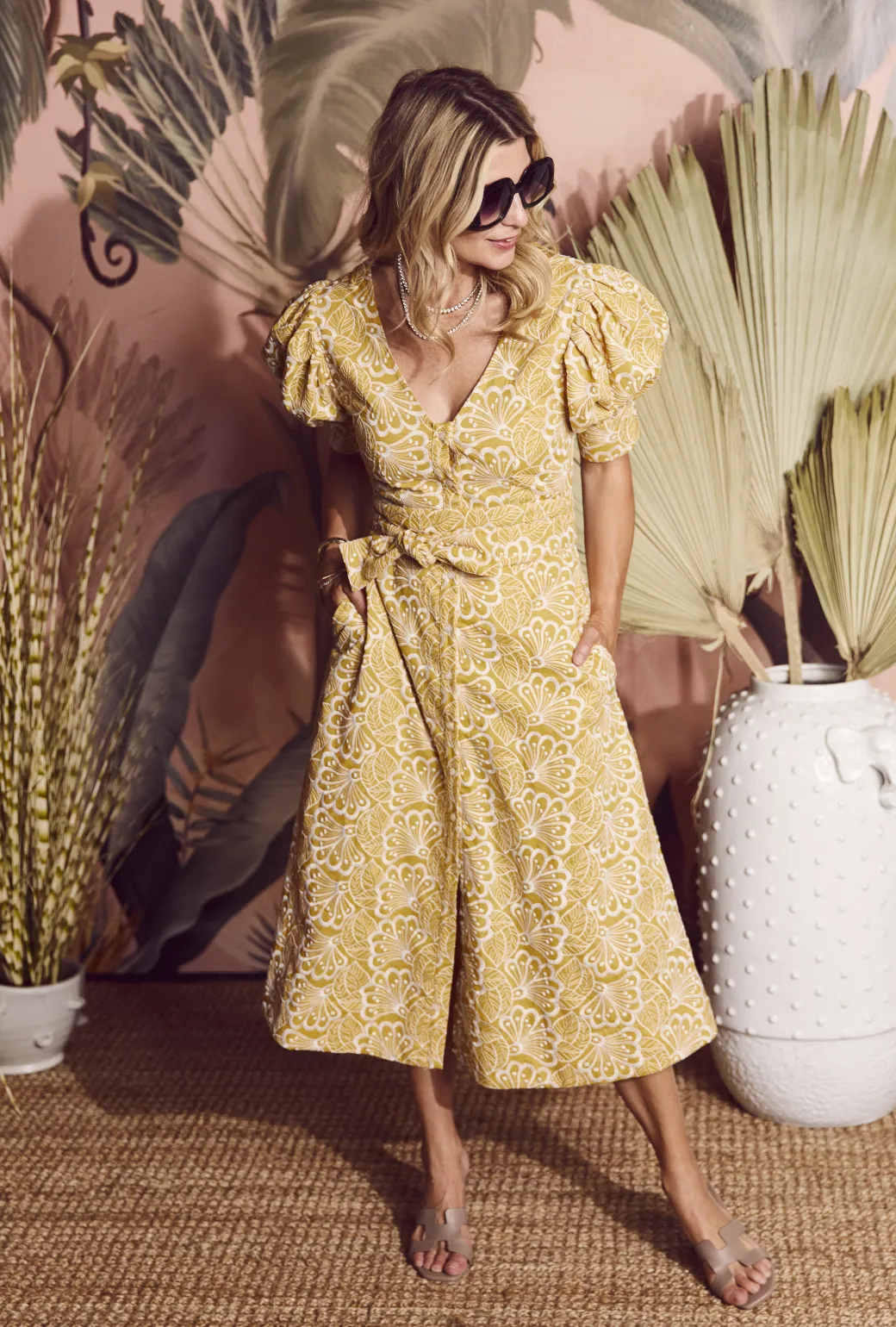 Deep V Day Gown - MIDI - Marigold Embroidery Water-Repellent-Finish