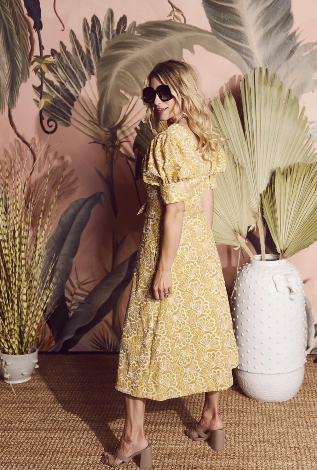 Matte-finish Deep V Day Gown - MIDI - Marigold Embroidery
