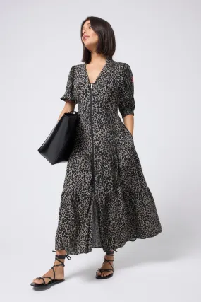 Global Style Chill Friendly Khaki with Black Wild Leopard Zip Detail Tiered Midi Dress