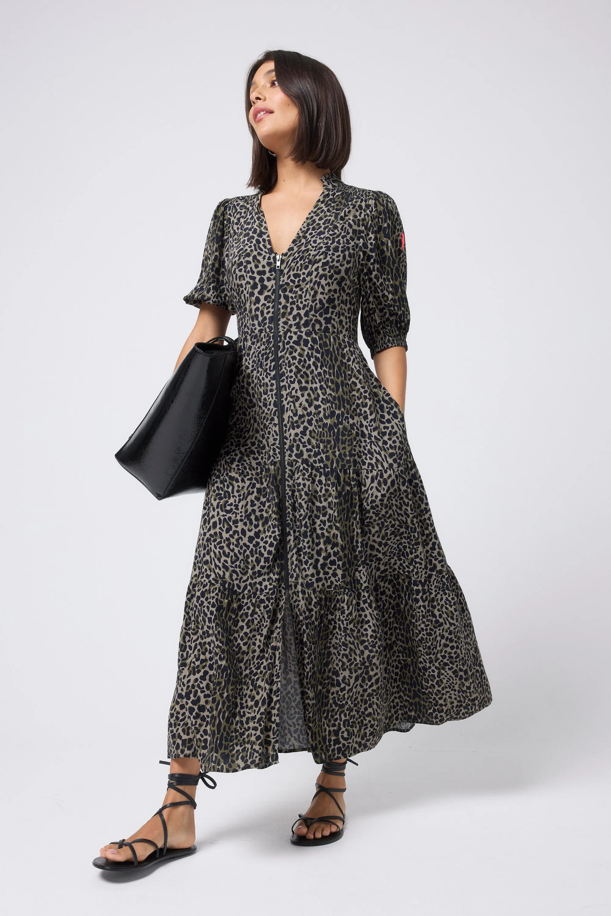 Global Style Chill Friendly Khaki with Black Wild Leopard Zip Detail Tiered Midi Dress