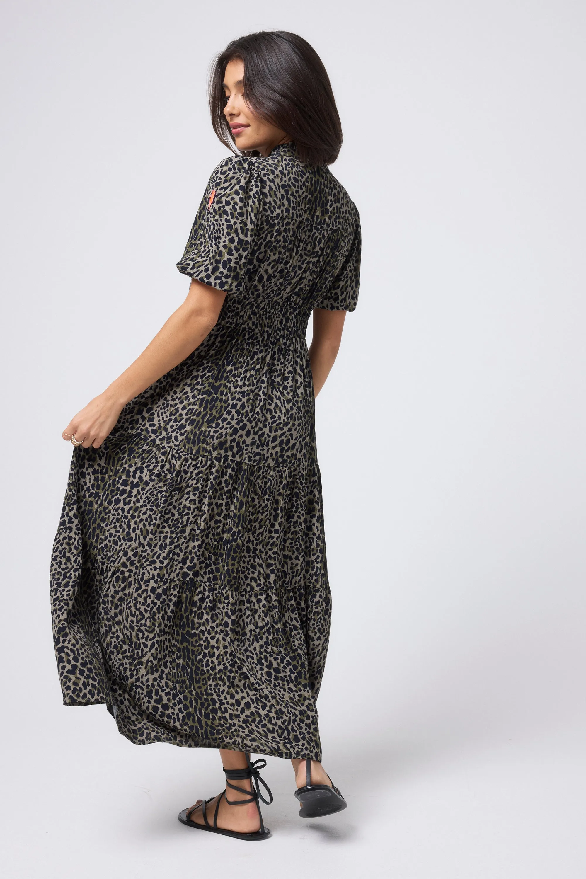 Khaki with Black Wild Leopard Zip Detail Tiered Midi Dress Skirt Flare