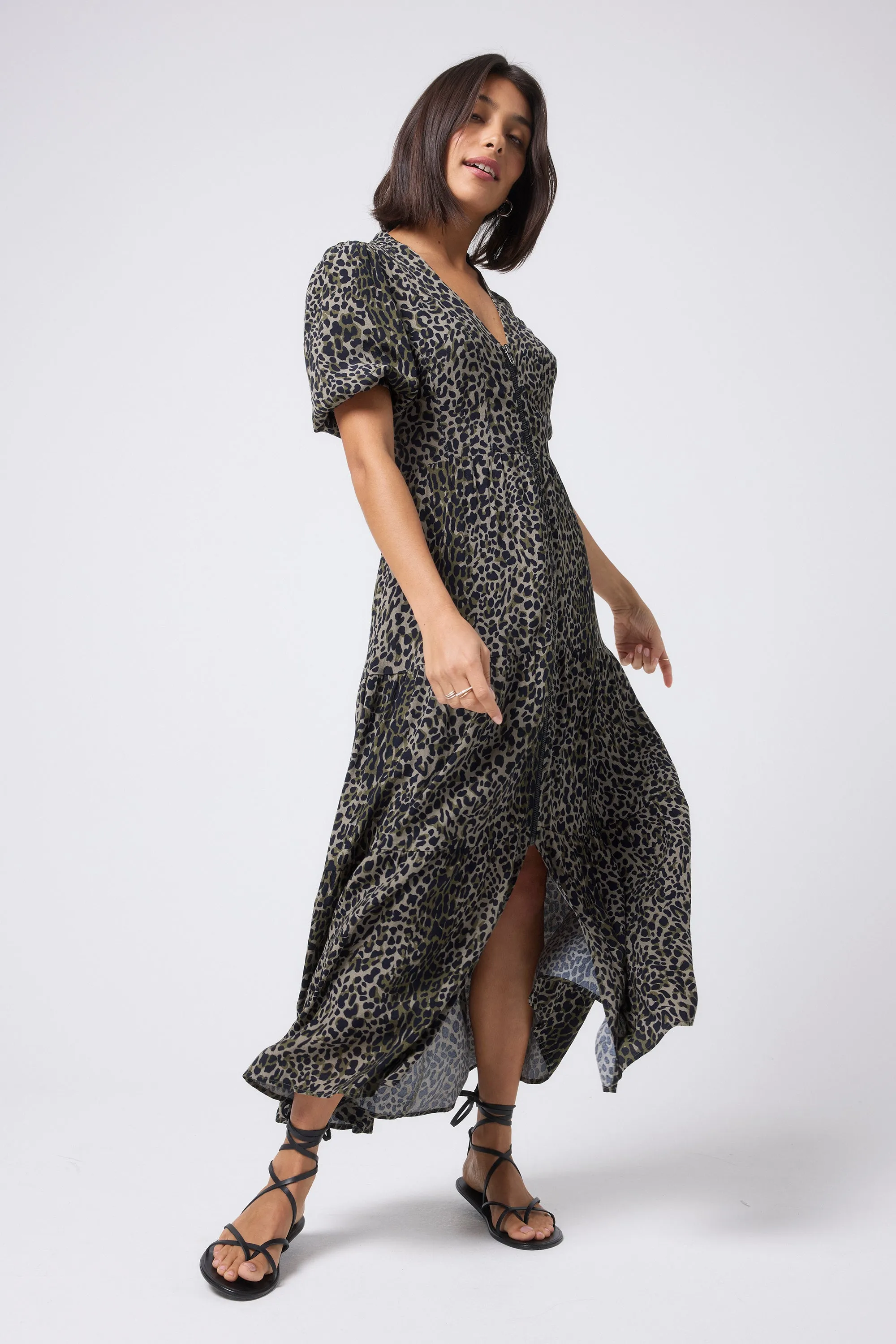 Khaki with Black Wild Leopard Zip Detail Tiered Midi Dress Smart Layering