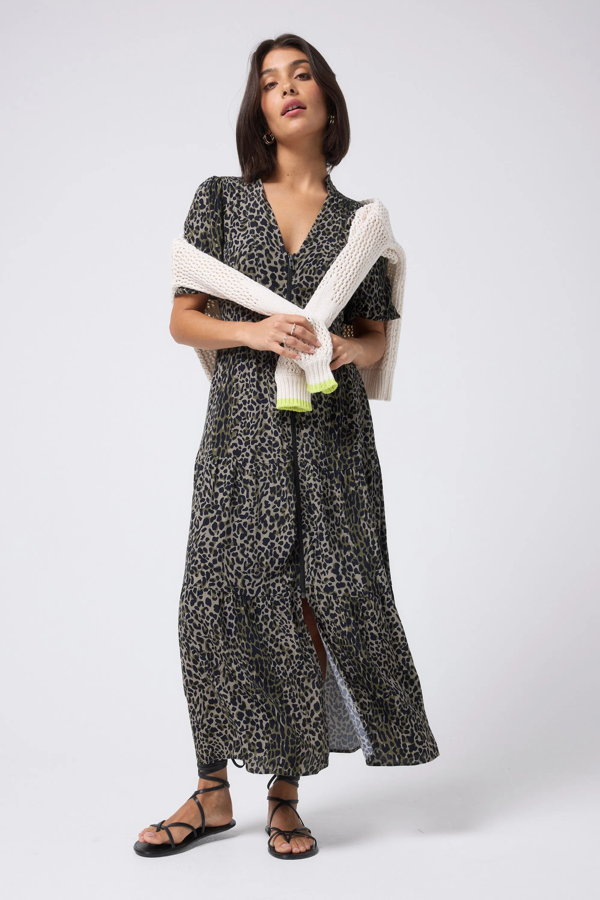 Khaki with Black Wild Leopard Zip Detail Tiered Midi Dress Elastic-Waist