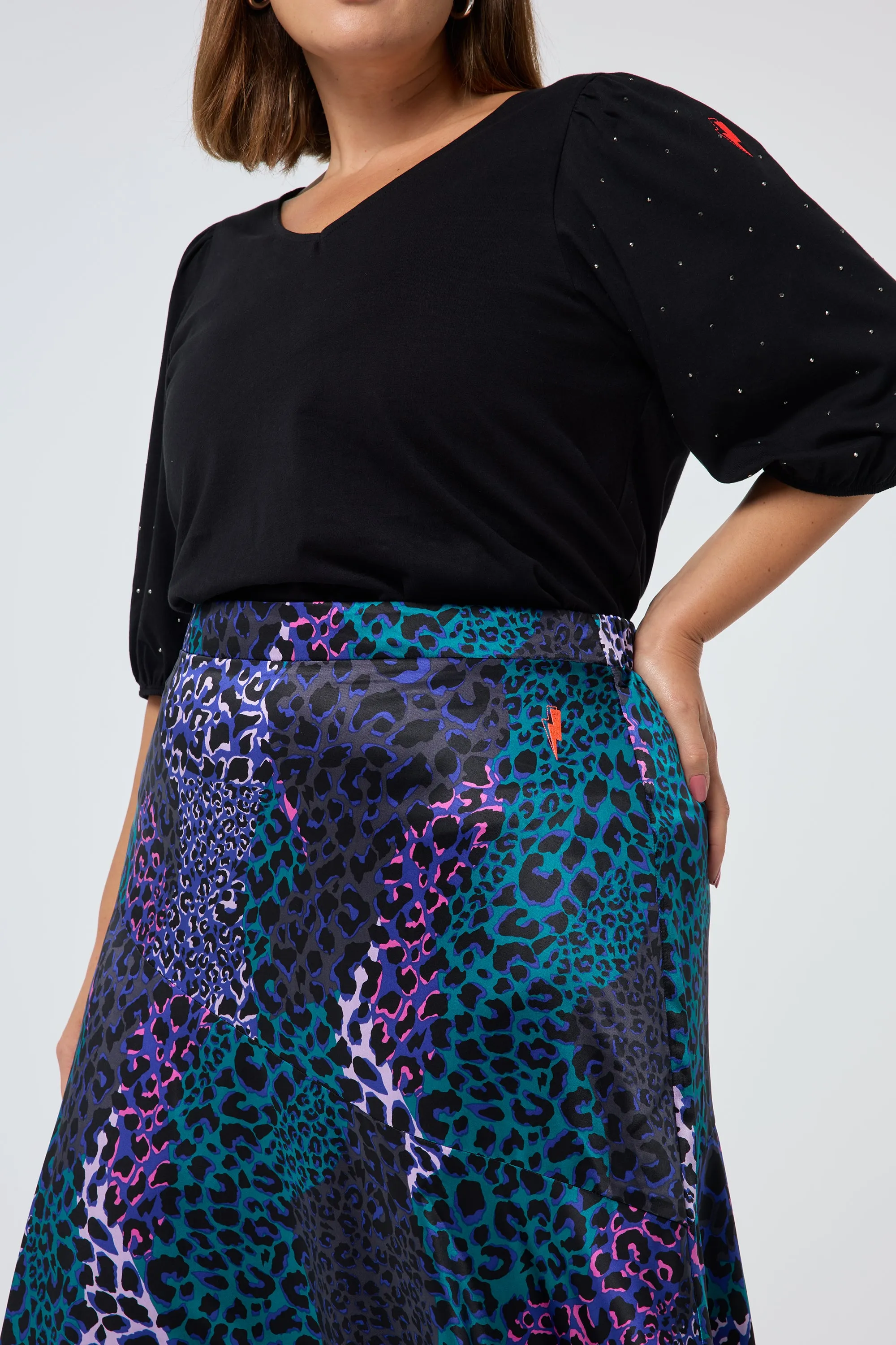 Button Fastenings Minimal Vibes Blue with Green Spliced Leopard Satin High Low Hem Skirt