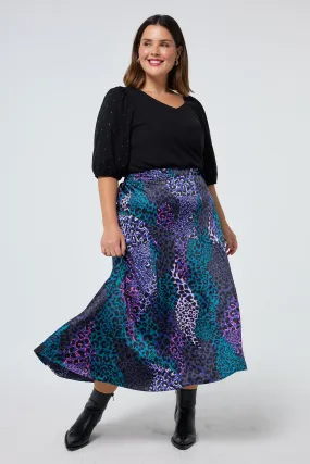 Semi Sheer Blue with Green Spliced Leopard Satin High Low Hem Skirt