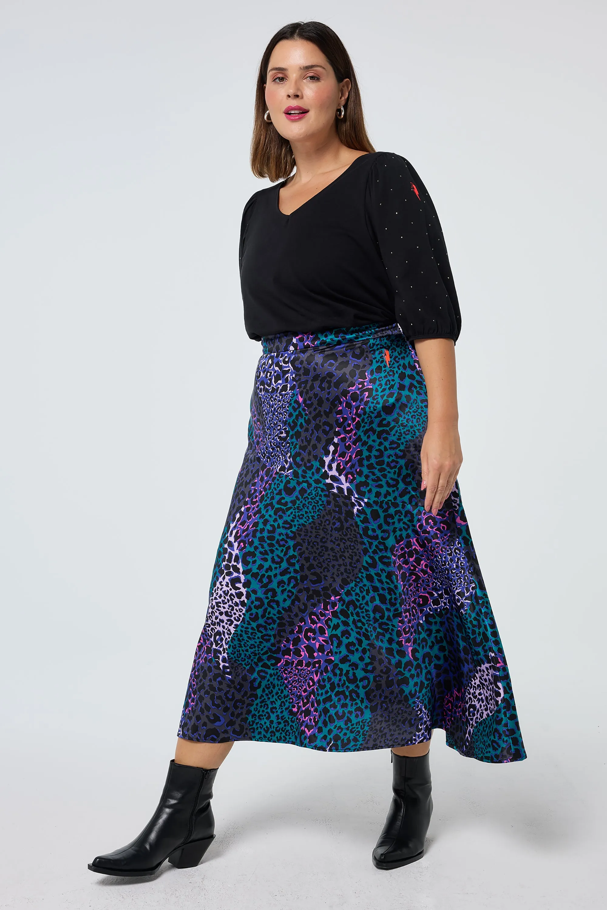 Elegant Feel Blue with Green Spliced Leopard Satin High Low Hem Skirt