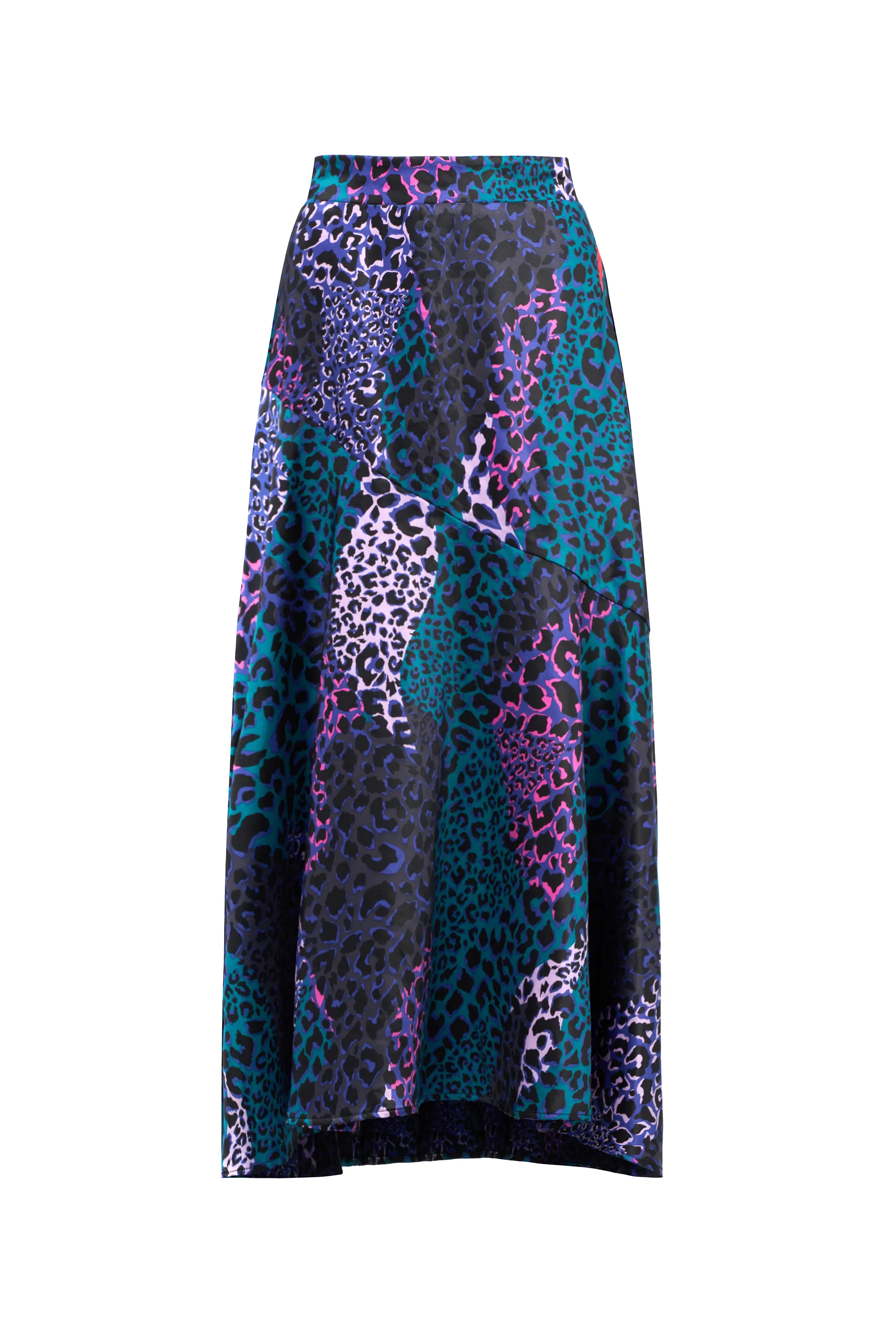 Blue with Green Spliced Leopard Satin High Low Hem Skirt Maximalist look