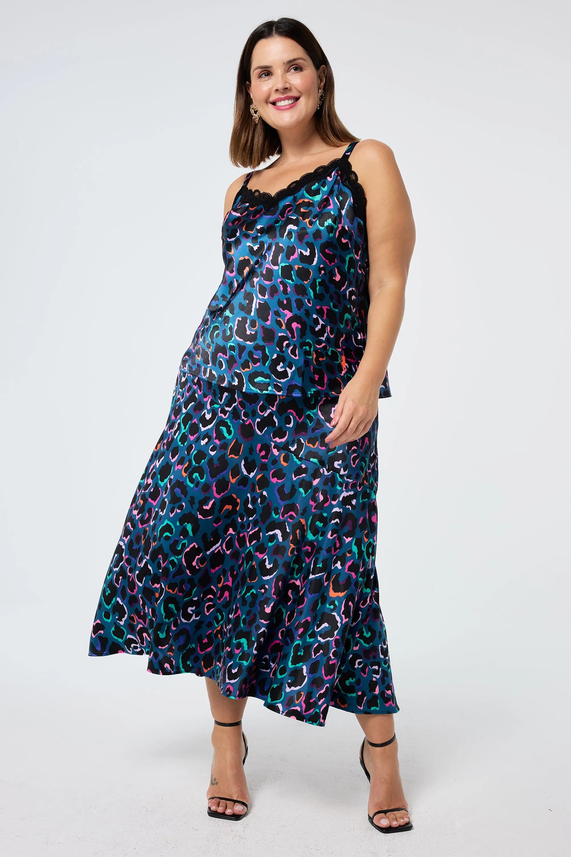 Hemp Blend Quick Dry Technology Teal with Rainbow Shadow Leopard Satin High Low Hem Skirt