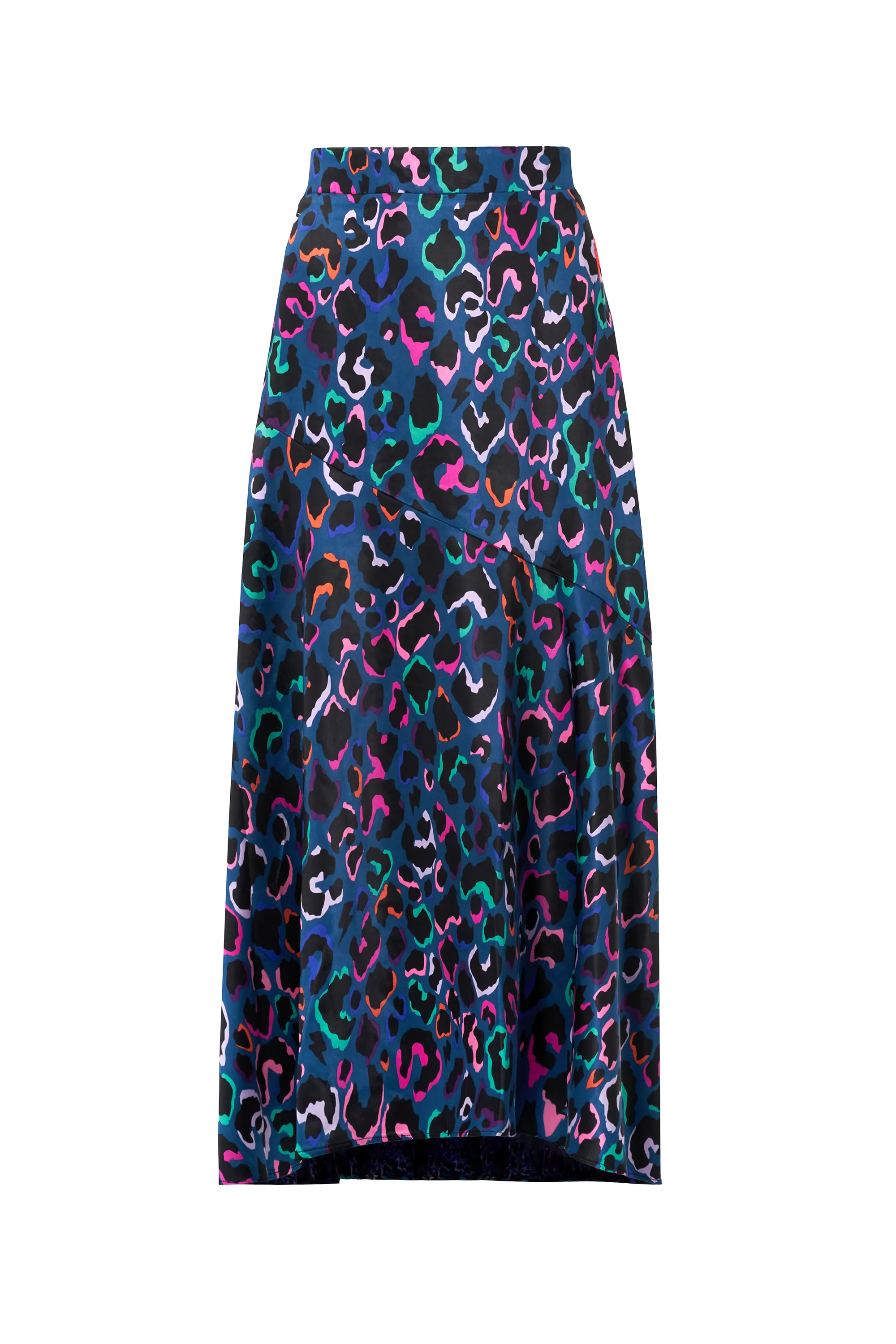 Fit Choice Style Essential Teal with Rainbow Shadow Leopard Satin High Low Hem Skirt