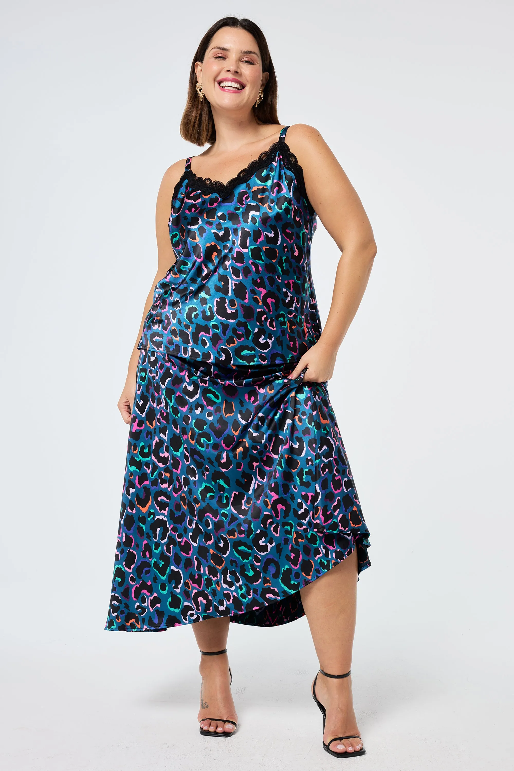 Layer Combo Teal with Rainbow Shadow Leopard Satin High Low Hem Skirt