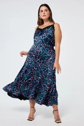 Teal with Rainbow Shadow Leopard Satin High Low Hem Skirt Couture Inspired