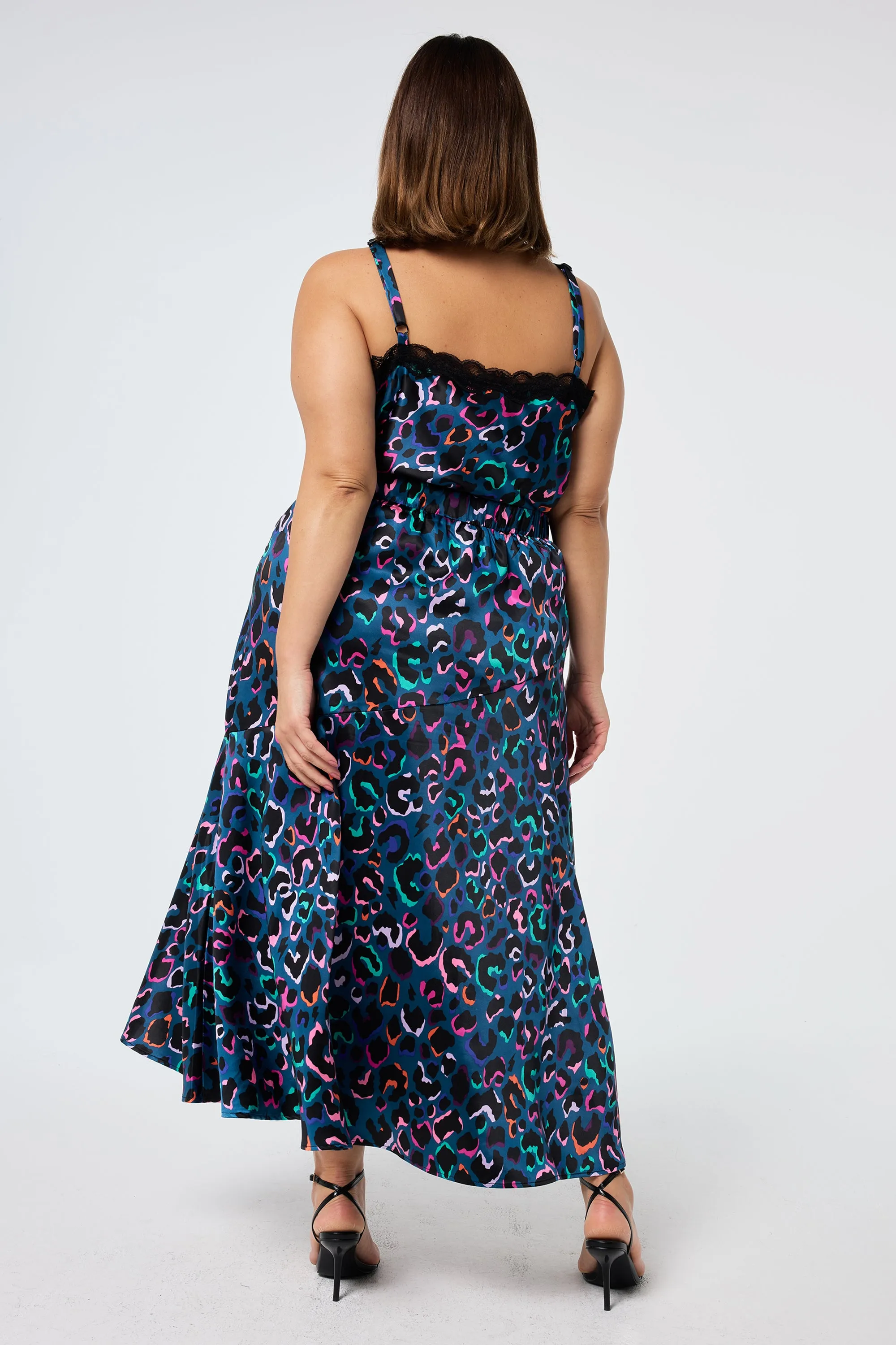 Teal with Rainbow Shadow Leopard Satin High Low Hem Skirt Key Feature Button Details